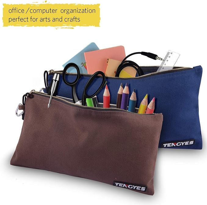 Canvas Tool Pouch Zipper Bag, 5 Pack Utility Bags | Heavy Duty, Metal Zippers Pouches, with Carabiner, Multi Storage Organizer Clip on Tote Bags
