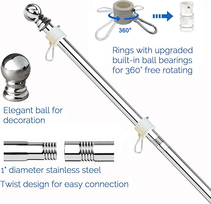 MTB Garden 6ft Stainless Steel Flag Pole and Holder, 1 inch Flag Pole for Outside House Porch Flagpole Mount