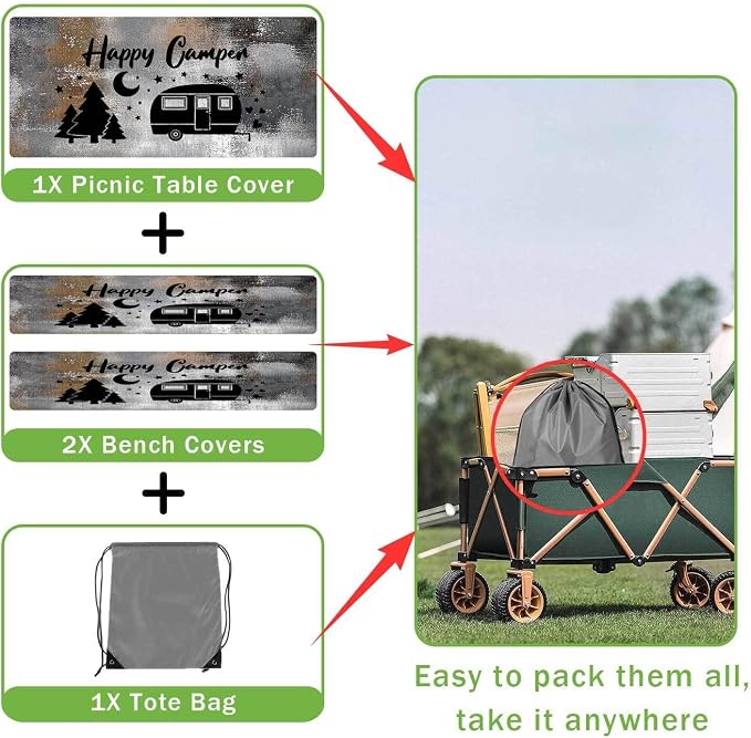 Picnic Table Cover with Bench Covers Elastic Edges, Black Grey Happy Camper Fitted Table Cover, Outdoor Patio Camping Essentials 96 Inch 3PCS, Waterproof Camping Tablecloth with Drawstring Bag