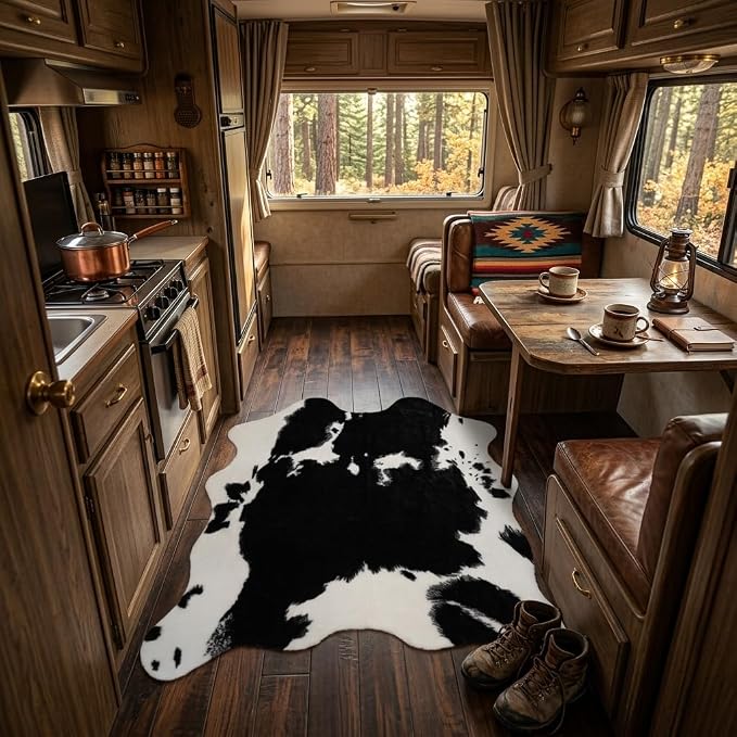 MustMat Cow Print Rug, Faux Cowhide Rug for Mid-Century Modern 4'7''×5'3'' | Black & White, Fits Living Rooms, Bedrooms. Matches Industrial & Minimalist Decor, Great For Holiday & Birthday Use