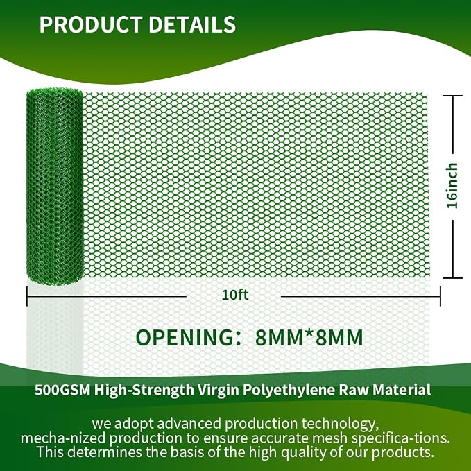 Plastic Chicken Wire Mesh Fence,Plastic Chicken Wire Roll 16in x 10ft,Garden Netting Fencing Barrier for Poultry, Animals, Pets and Balcony(Green)
