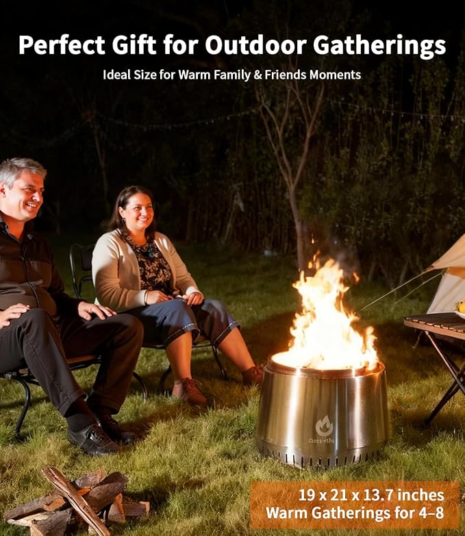 21 Inch Smokeless Fire Pit, for Outdoor Patio & Backyard, Dual Airflow Secondary Combustion, Stainless Steel Firepit with Detachable Ash Pan, Clean Burn, Portable for Camping & Gatherings