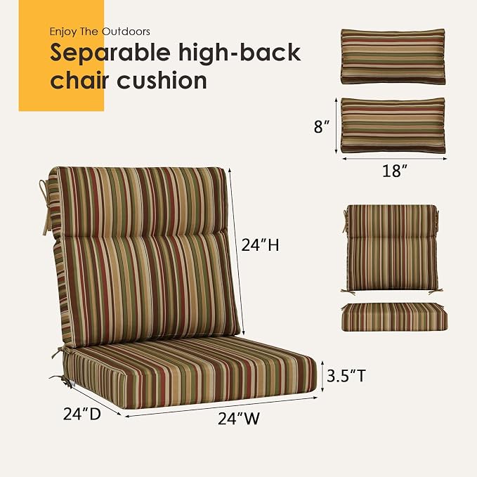 Outdoor High Back Chair Cushion, 2 Pack 48 x 24 inches Patio Chair Cushions Water Repellent Rocking Cushions Indoor Furniture Seat Pad with 2 Pillows, Colorful Stripe