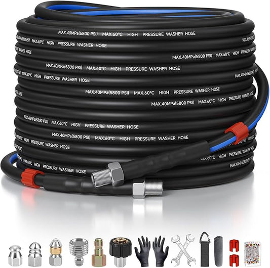 Sewer Jetter Kit for Pressure Washer 50ft – 5800PSI Drain Jetter Hose 1/4 Inch NPT Corner with Watering Spray Nozzle, Rotating and Button Hose Sewer Jetting Nozzles & Easy-to-Store Strap