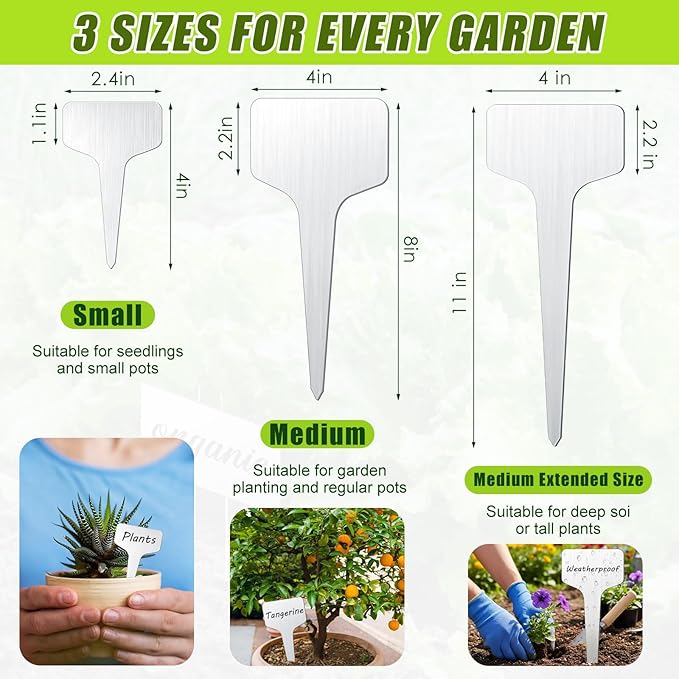 Hicarer 24 Pcs Medium Size Metal Plant Labels Weatherproof Garden Markers 8" x 4" Engraving Stainless Steel 304 T-Type Plant Tags Reusable Nursery Tags for Outdoor Garden Greenhouse Vegetables Flower