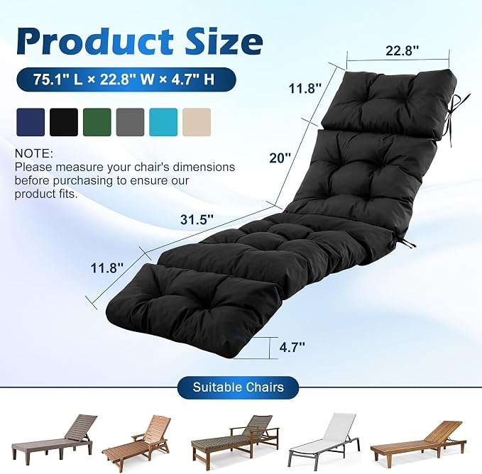 2 Pcs Chaise Lounge Cushions Outdoor,Waterproof & Fade Resistant Patio Lounge Chair Cushions for Outdoor Furniture, Chaise Cushion with Ties for Pool, Lawn and Beach, 75.1x22.8x4.7 Inch, Black