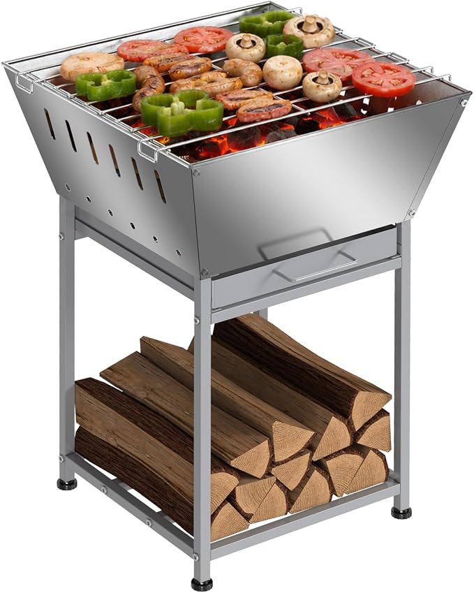 24" Fire Pit with Wood Storage, Fire Pits for Outside Wood Burning, Silver | Premium Stainless Steel, Low-Smoke Design, Removable Ash Tray, Heat-Proof Handles, for Grilling, Heating & Firewood Storage
