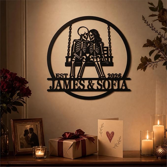 Personalized Skeleton Couple Metal Sign, Custom Couple Name Metal Wall Art, Gothic Wedding Decor, Halloween Home Decor for Living Room Bedroom Entryway