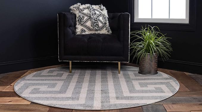Unique Loom Athens Collection Classic Geometric Modern Border Design Area Rug (8' 0 x 8' 0 Round, Gray/ Beige)