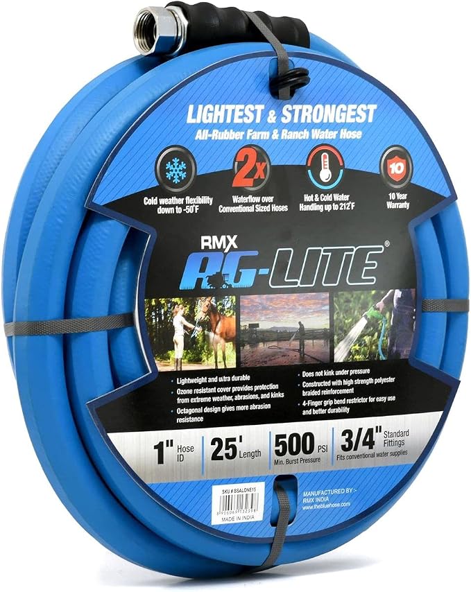AG-LITE BSALONE25 1" x 25' Hot/Cold Water Rubber Garden Hose, 100% Rubber, Ultra-Light, Super Strong, 500 PSI, 50F to 190F Degrees, High Strength Polyester Braided, 2x Water Flow