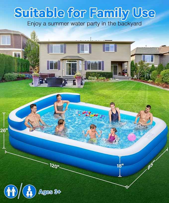 Large Inflatable Swimming Pool - 120" x 85" x 26" Blow Up Pool for Adults and Kids with Seat & Air Pump, for Backyard Lawn Indoor Outdoor Use