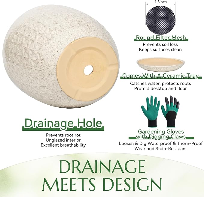 9.5 Inch Flower Pots for Indoor Plants,Ceramic Planter with Saucer Drainage Leak-Proof Mesh Gardening Gloves(Silk-White)