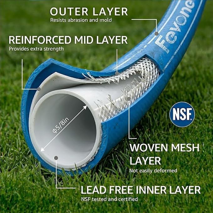 FEVONE Heavy Duty Garden Hose 50 ft, Spray Nozzle Included | Flexible Water Hose, Leak-Free, Lightweight Hybrid Polymer, 5/8 ID, 600 PSI, 3/4 GHT Aluminum Fittings with Swivel Handles