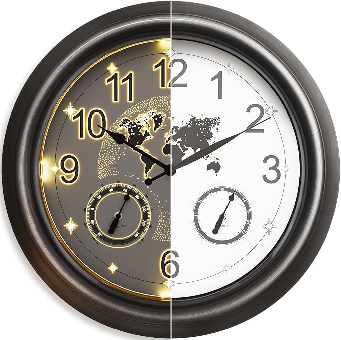Pytha Sight Illuminated Large Indoor Outdoor Clocks Waterproof 18 Inch with Smart Night Light Sensor,Star World Map Design with Thermometer & Hygrometer for Patio, Pool, Garden,Housewarming Gift
