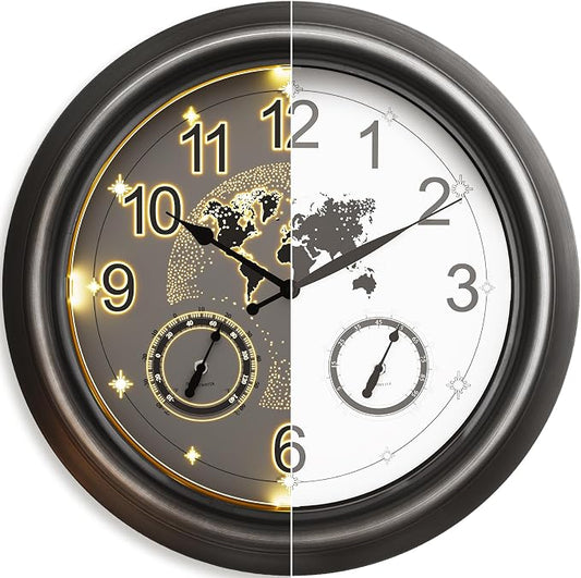 Pytha Sight Illuminated Large Indoor Outdoor Clocks Waterproof 18 Inch with Smart Night Light Sensor,Star World Map Design with Thermometer & Hygrometer for Patio, Pool, Garden,Housewarming Gift