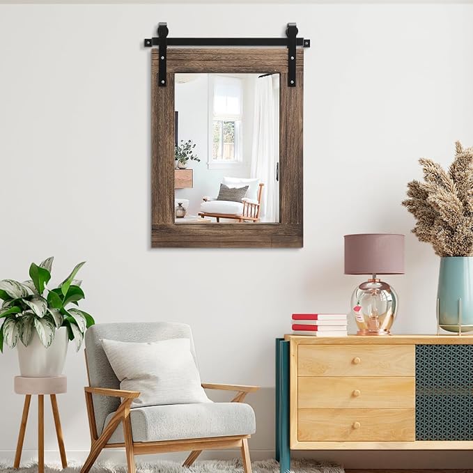 AAZZKANG Rustic Wood Mirror Rectangle Decorative Wall Mirror Large 26"x18" with Frame Bedroom Living Room Bathroom Hanging Mirror