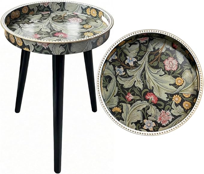 Small Round Side Table Vintage Floral - 13" William Morris Pattern - Botanical Tripod Drink Table & Nightstand with Moisture-Resistant Wrapped Legs for Living Room, Bedroom, Corner