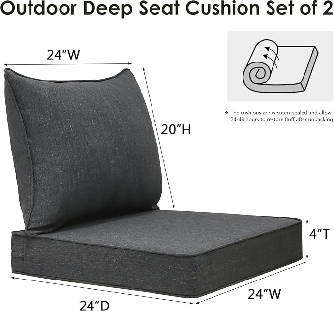 Unimatta Outdoor Patio Chair Cushions Set, 24" x 24", Set of 2, Water-Repellent, Fade Resistant, Deep Seat Bottom and Back Cushion for Backyard, Couch, Sofa and Patio Furniture, Charcoal