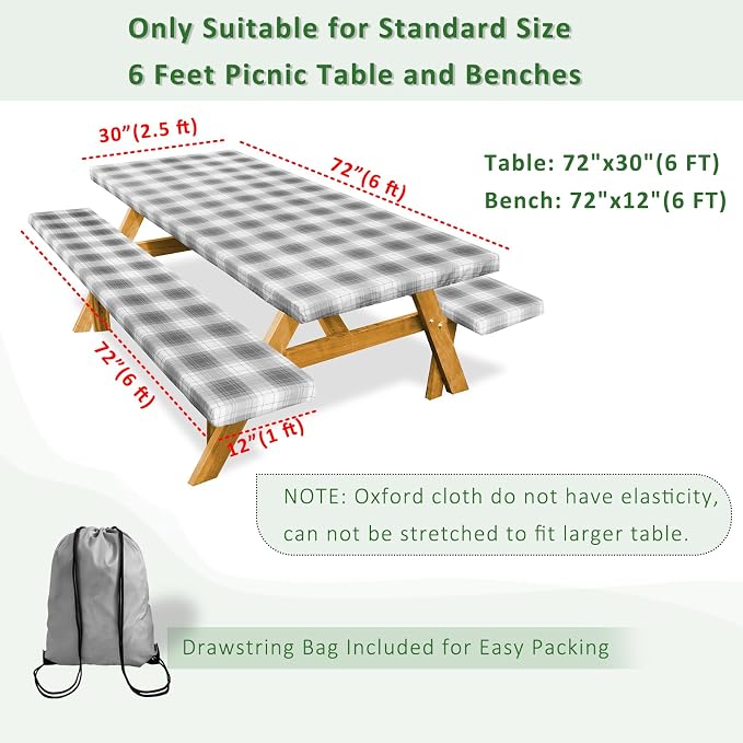 Picnic Table Cover with Bench Covers Camping Essentials Reusable Waterproof Windproof Camping Tablecloth Fitted Rectangle Tables and Seats, 72in, Gray Plaid