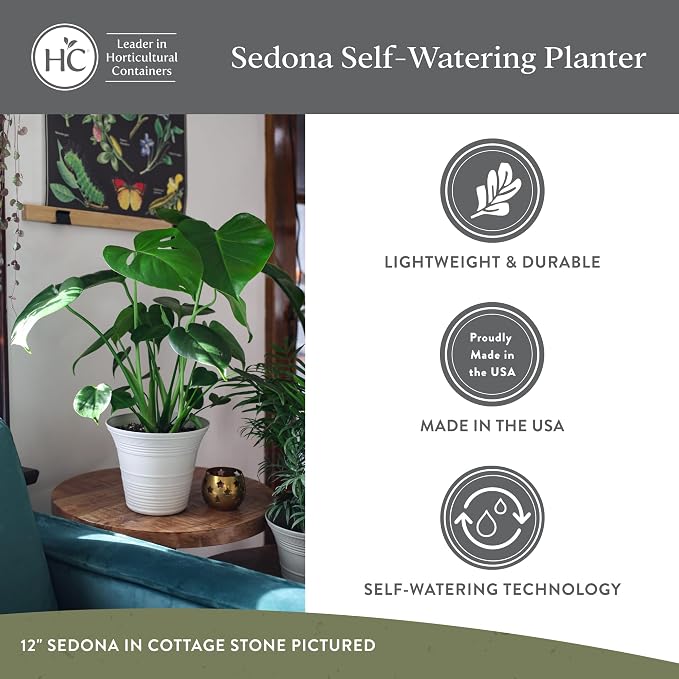 The HC Companies 14 Inch Sedona Round Self Watering Planter Pots, Lightweight UV-Resistant Plastic Indoor & Outdoor Planters, 2-Pack Flower Pots for Garden & Home Decor, Wild Red