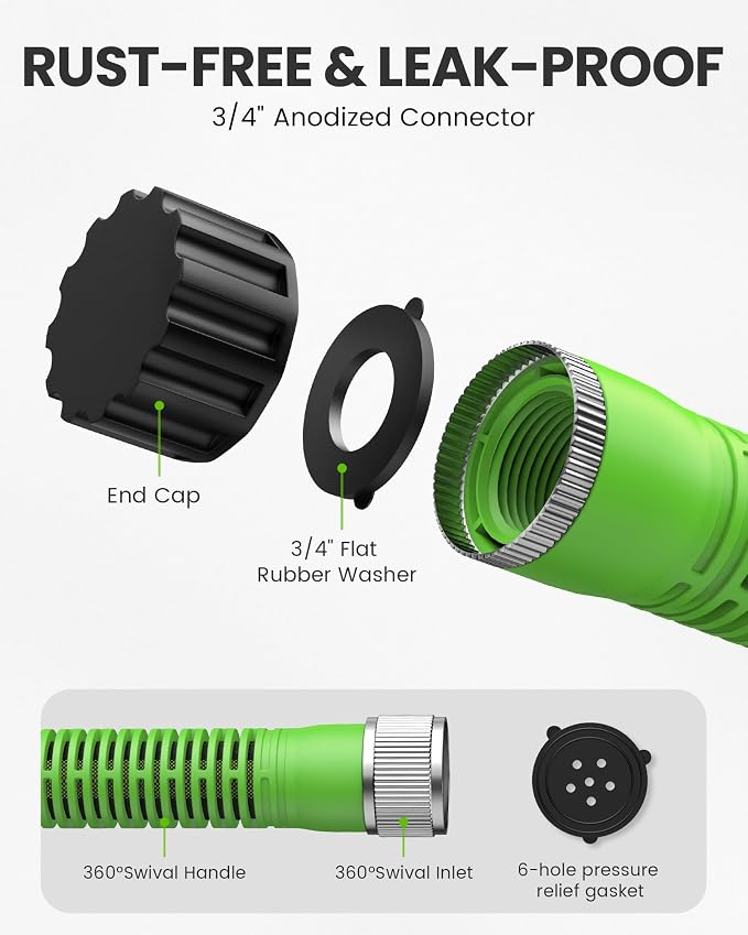RAINPOINT 75FT Flat Soaker Hose, Flexible & Leakproof Drip Hose with Anodized Aluminum Fittings, Double Layer 80% Water-Saving Gardening Irrigation Hose, Green