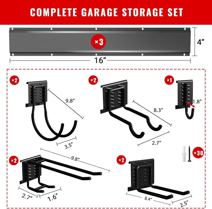 Garage Tool Organizer Wall Mount, Easy to 48inch Install Heavy-Duty Garage Storage System with 9 Adjustable Hooks, Garden Tool Rack for Shovels, Rakes, Yard Tools