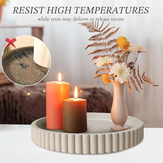 13" Round Concrete Decorative Centerpiece Tray for Coffee Table Grey | Modern minimalist centerpiece tray for coffee table, living room, dining & office storage display, sturdy tabletop home decor