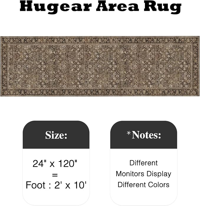 HUGEAR 2x10 Runner Rug Machine Washable Brown Hallway Area Rug Indoor Accent Rug Floral Low Pile Carpet Soft Throw Rug Bedroom Living Room Office Dining Room Kitchen Laundry Room Non Slip