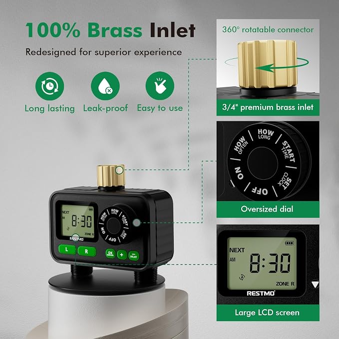RESTMO Sprinkler Timer for Outdoor Hose Faucet 2 Pack, Max 11h59m Programmable Water Timer for Garden Soaker Hose, Misting with Brass Inlet & Large Dial, Rain Delay/Manual/Automatic Irrigation System