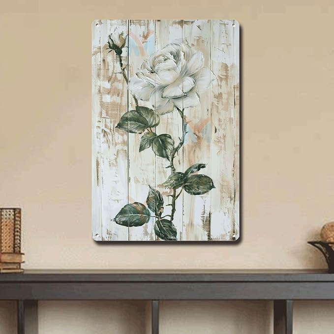 Metal Sign Tin Sign Vintage Wall Art Shabby Chic Rose Tin Sign for Antique Style Decor Rustic Wall Art and White Rose Admirers Tin Signs for Women for Club 6×8 Inches