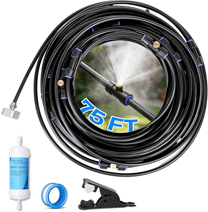 Misters for Outside Patio 75FT/23M, Pre-Assembled Misting Cooling System with 23 Brass Nozzles & 3/4" Adapter, Outdoor Mister for Backyard, Garden, Greenhouse, Chicken Coop, Dog House