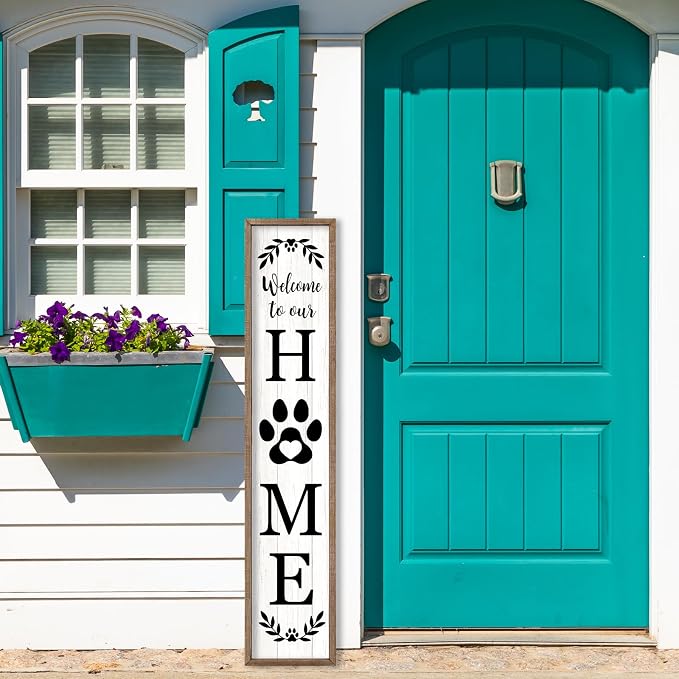 Welcome To Our Home Sign For Front Porch Standing 45"X9" Wooden Framed Dog Paw Welcome Print Large Farmhouse Rustic Long Outdoor Tall Vertical Home Front Door Wall Decor (Wood White)