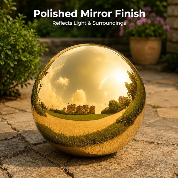 Gazing Ball Garden Mirror Outdoor - 12 Inch Outside Decorative Globe, Gold | Metal Polished Reflective Sphere, Stainless Steel Hollow Decoration Ornament for Home Pond Swimming Pool Housewarming Gift