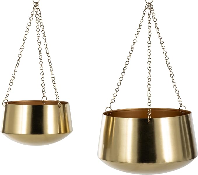 Deco 79 Metal Indoor Outdoor Wall Planter Indoor Outdoor Hanging Dome Hanging Planter with Chain, Set of 2 Plant Hanger 5", 7"H, Gold