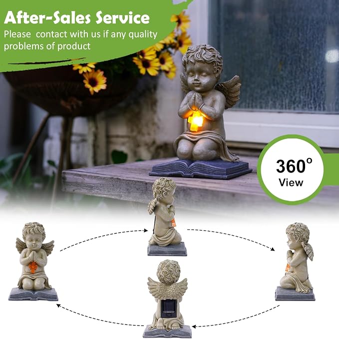 Solar Cherub Statue for Outside - Angel with Glowing LED Cross Light | Guardian Angel for Cemetery, Yard, Pathway, Lawn Decor, Memorial Gardens Gifts
