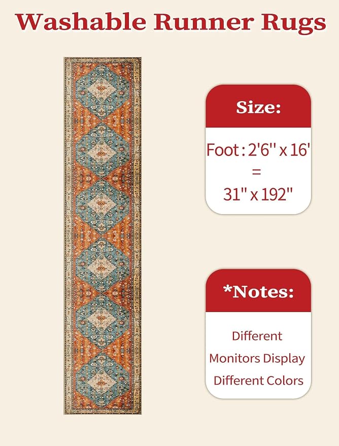 SERISSA 2'6"x16' Washable Non Slip Boho Runner Rug for Hallway | Ultra Soft Vintage Oriental Carpet Low-Pile Tribal Floor Carpet for Kitchen Bedroom Entryway Bathroom Laundry Room