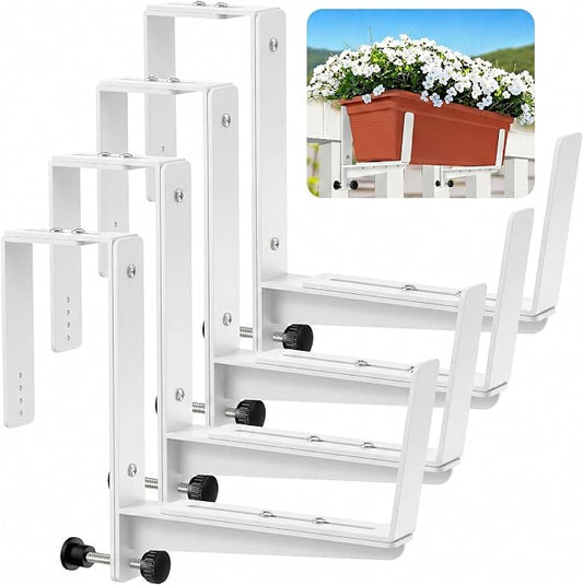 Window Box Brackets, Adjustable Planter Box Brackets, Heavy Duty Iron Flower Box Brackets for Railings, with Enhanced Bottom Support - Perfect for Balconies, Fences, and Gardens (White, 4 Pack)