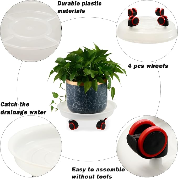 6 Packs 11.8 inches Large Plant Caddy Plant Saucers on Wheels Rolling Plant Stands Heavy-Duty Plant Dolly Plastic Planter Roller Base Pot Movers Outdoor Plant Tray Coaster