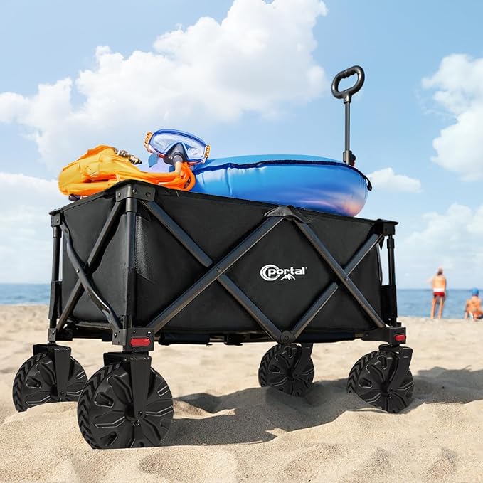 PORTAL Heavy-Duty Folding Wagon Cart, Large Collapsible Utility Wagon with All-Terrain Wheels for Beach, Camping, Garden & Grocery