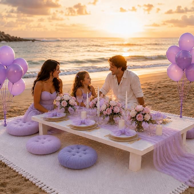 Cinrobiye Boho Picnic Party Set for Outdoor, Aesthetic Picnic Setup with Large Picnic Blanket, Floor Cushions, Table Runner, Napkins, Balloons for Wedding, Bridal Shower, Birthday(Purple)