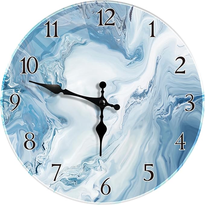 Britimes Round Wall Clock Silent Non-Ticking Battery Operated Outdoor Waterproof Glass Clock 12 Inch, Blue Marble Home Decor for Living Room, Kitchen, Bathroom, Bedroom, and Office
