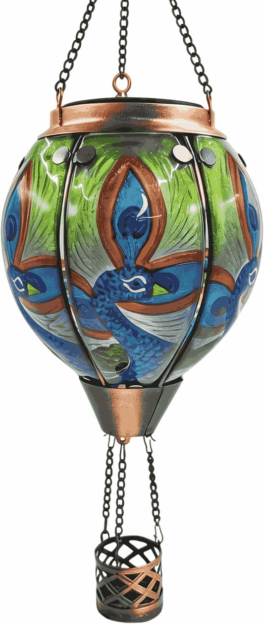 Hot Air Balloon Solar Lantern with Flickering Flame, Glass Hanging Garden Lights Outdoor Waterproof for Tree Yard Patio Mother's Day Gift (Peacock)
