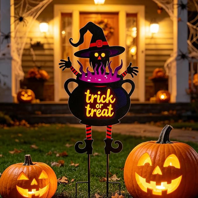 Witch Halloween Decorations Cauldron 39.7" with Trick or Treat Sign | Large Halloween Yard Stakes Metal for Garden, Lawn, and Outdoor Spooky Yard Decorations