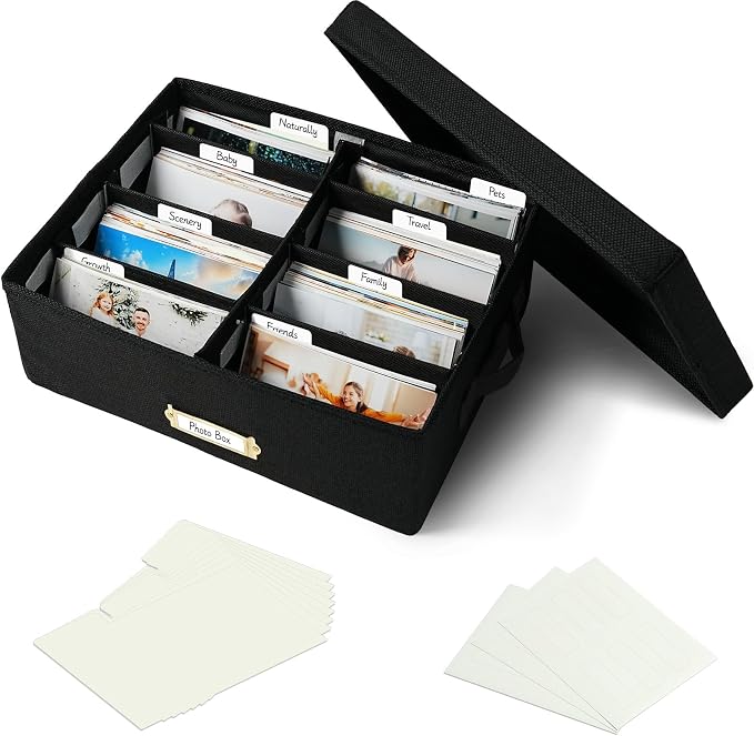 Linen Photo Storage Box with Adjustable Hook and Loop Dividers, Holds 1700 4"x6" Photos, Collapsible Picture Organizer with Handle and Label Stickers, Memory Keepsake Box for Women, Black