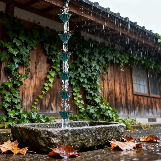 9FT Lotus Rain Chain in Antique Blue – Rain Chains for Gutters with 12 Cups, Adjustable Rain Catcher Chain with Bell for Eaves Drainage, Replacement for Downspout (Lotus Antique Blue)