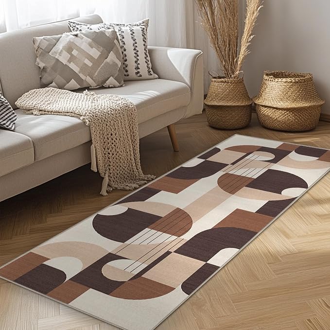 2x6 Brown Geometric Runner Rug for Kitchen Entryway Hallway Modern Abstract Area Rug Machine Washable Non-Slip Carpet for Bedroom Bathroom Bedside