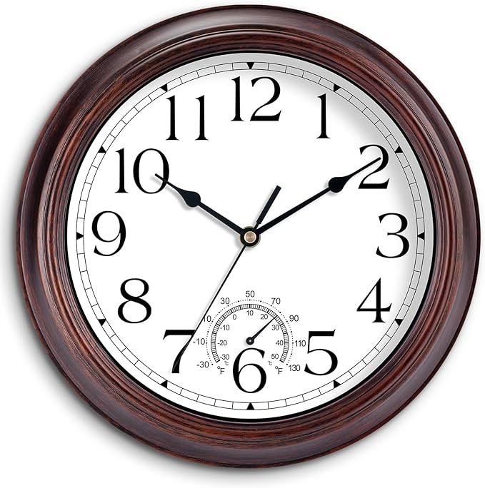 KECYET 10 Inch Outdoor Wall Clock with Thermometers, Vintage Silent Wall Clocks Battery Operated, Retro Non-Ticking Clock Decorative for Living Room, Patio, Kitchen, Office, Bathroom, Bedroom(Bronze)