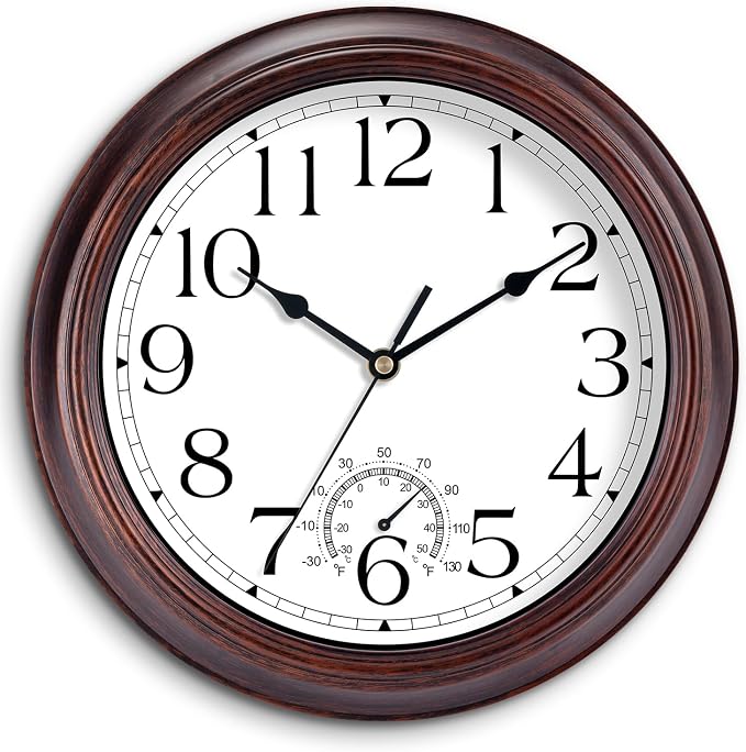 KECYET 14 Inch Outdoor Wall Clock with Thermometers, Vintage Silent Wall Clocks Battery Operated, Retro Non-Ticking Clock Decorative for Living Room, Patio, Kitchen, Office, Bathroom, Bedroom(Bronze)