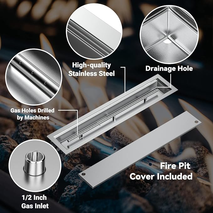 Skyflame Linear Stainless Steel Drop-in Fire Pit Pan and Burner with Burner Cover, 30 by 6-Inch