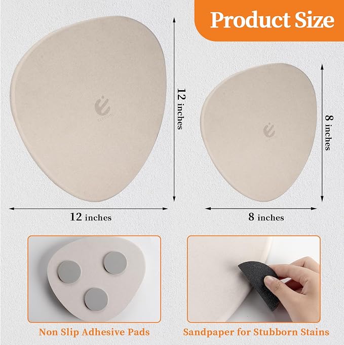 Elfcool Quick Dry Absorbent Flower Pot Saucer Dirp Tray Diatomaceous Earth Mat for Indoor Outdoor Plants (8''&12''-Off White-2pack)